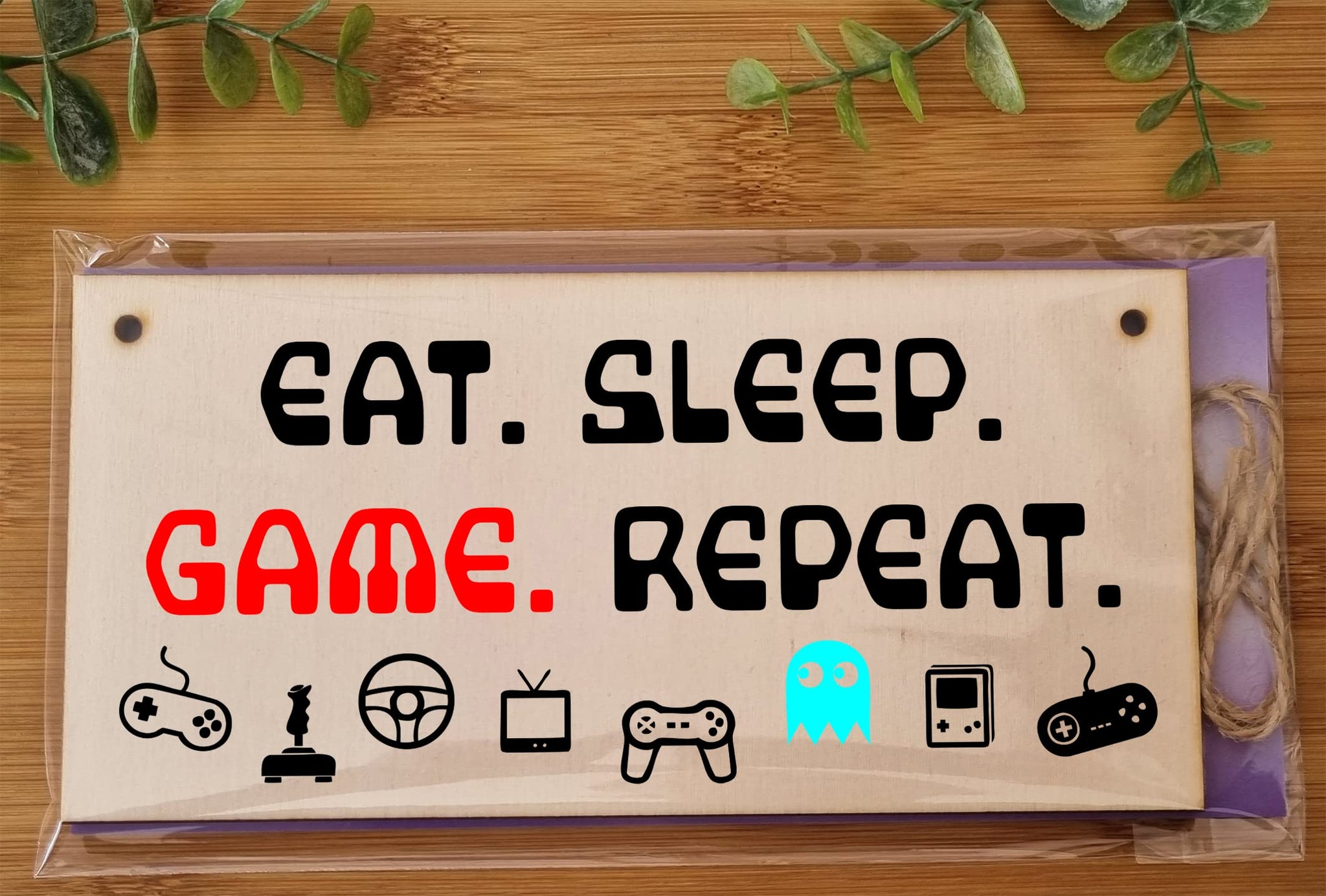 The Plum Penguin Handmade Wooden Hanging Wall Plaque Eat Sleep Game Repeat Fun Novelty Gamer Gift Computer Game Fans Man Cave