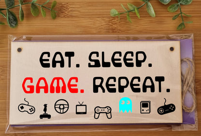 The Plum Penguin Handmade Wooden Hanging Wall Plaque Eat Sleep Game Repeat Fun Novelty Gamer Gift Computer Game Fans Man Cave