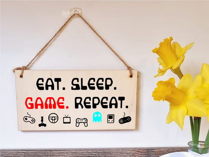 The Plum Penguin Handmade Wooden Hanging Wall Plaque Eat Sleep Game Repeat Fun Novelty Gamer Gift Computer Game Fans Man Cave