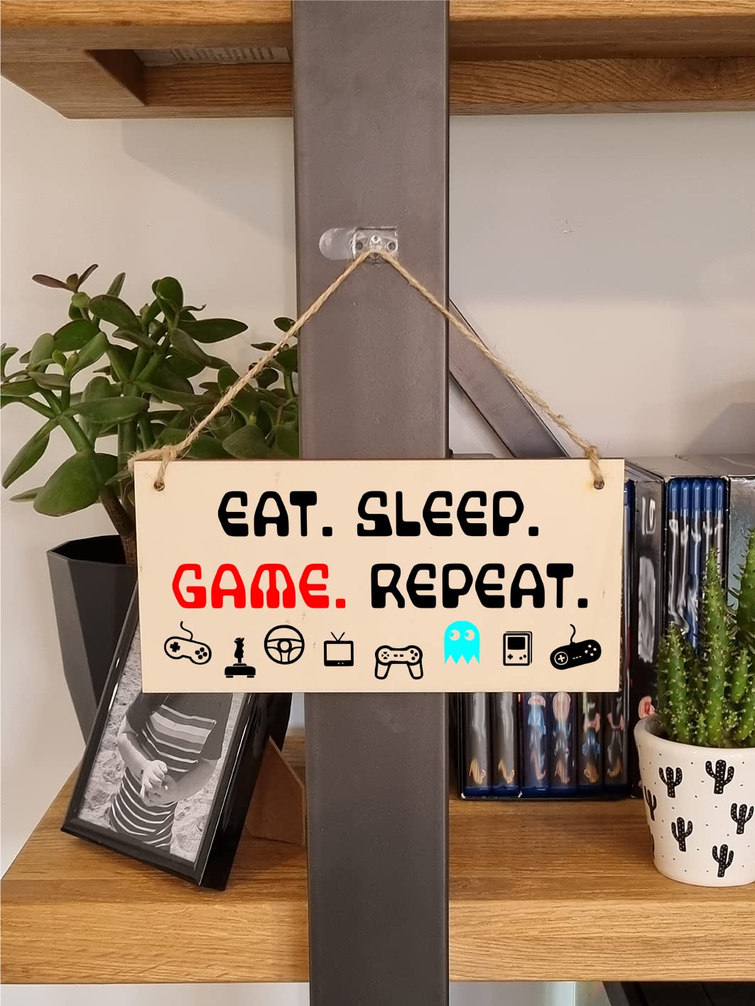 The Plum Penguin Handmade Wooden Hanging Wall Plaque Eat Sleep Game Repeat Fun Novelty Gamer Gift Computer Game Fans Man Cave