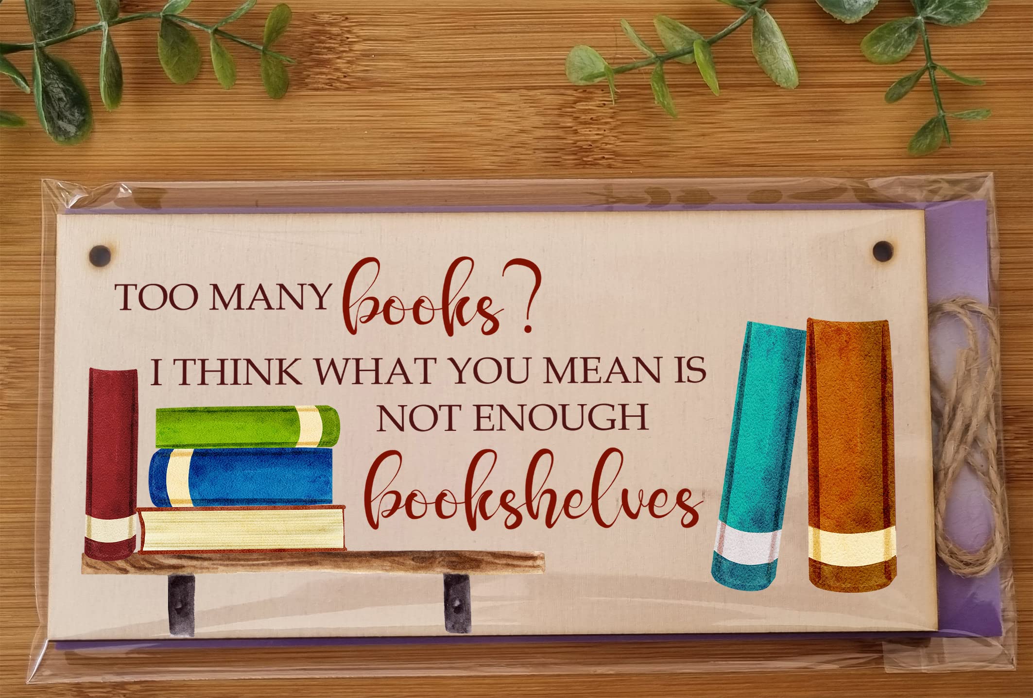 The Plum Penguin Handmade Wooden Hanging Wall Plaque Too Many Books Not Enough Bookshelves Funny Sign Gift for Book Lovers