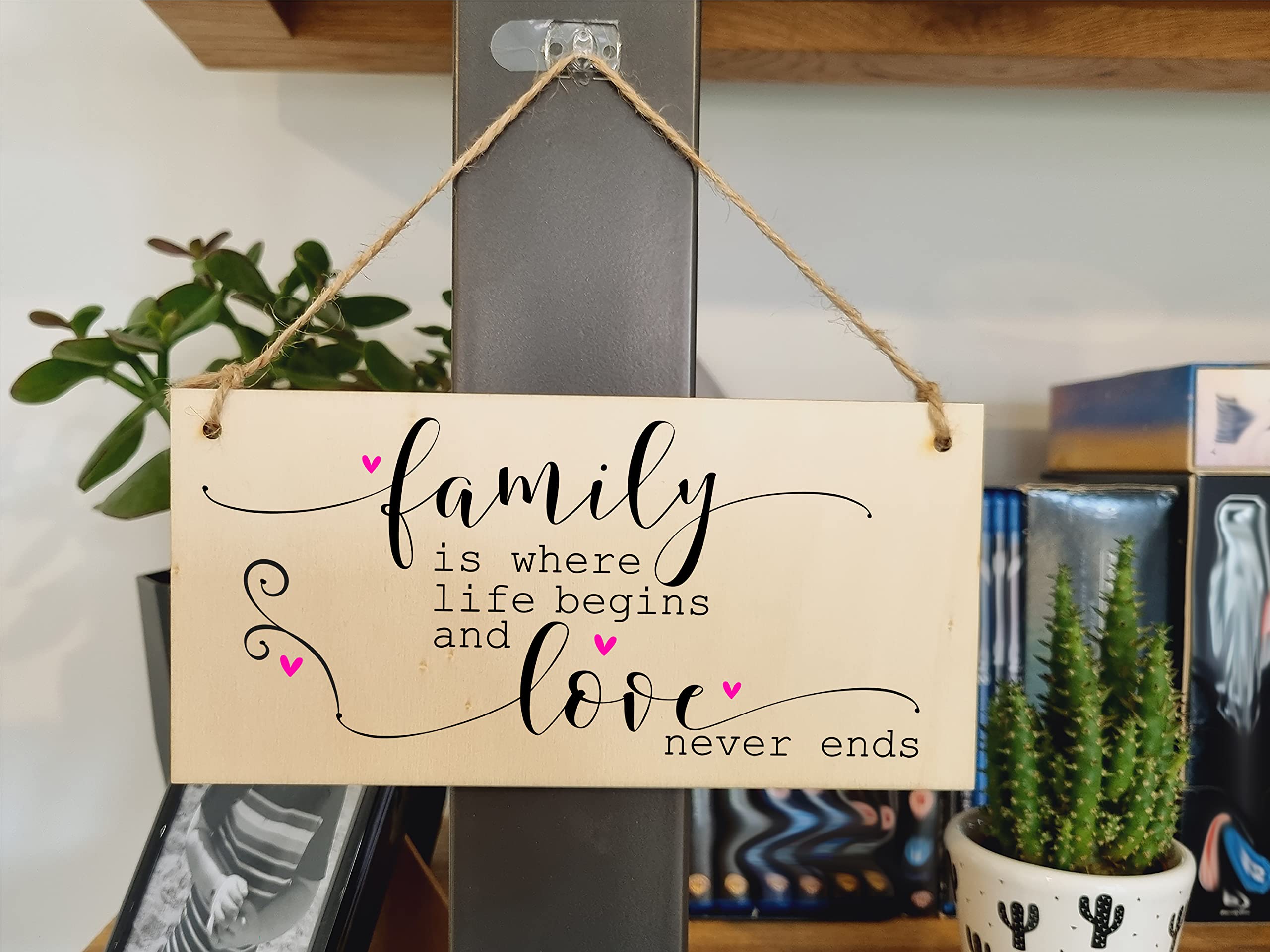 The Plum Penguin Handmade Wooden Hanging Wall Plaque Family Where Life Begins Love Never Ends Decorative Sentimental Sign Gift Family
