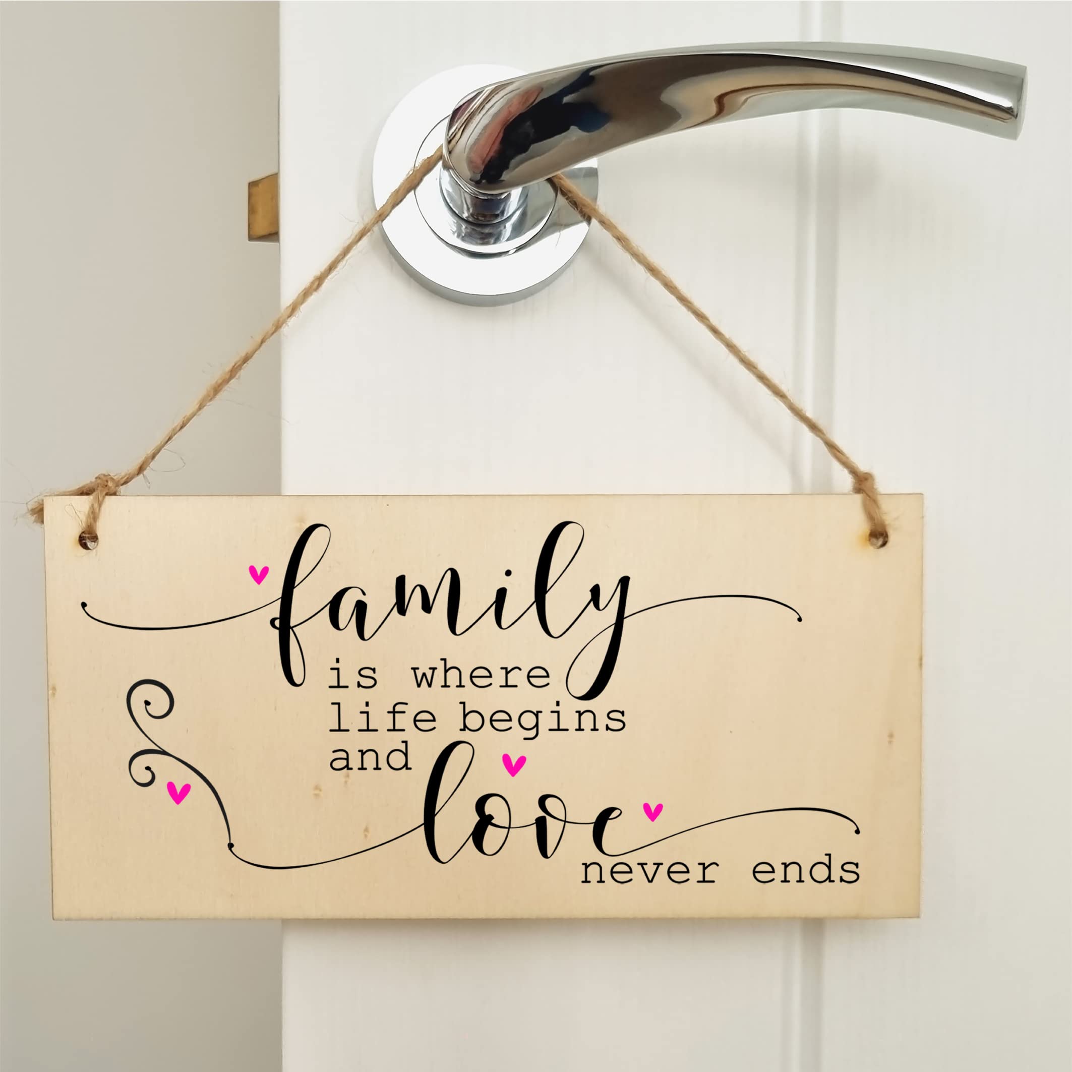 The Plum Penguin Handmade Wooden Hanging Wall Plaque Family Where Life Begins Love Never Ends Decorative Sentimental Sign Gift Family