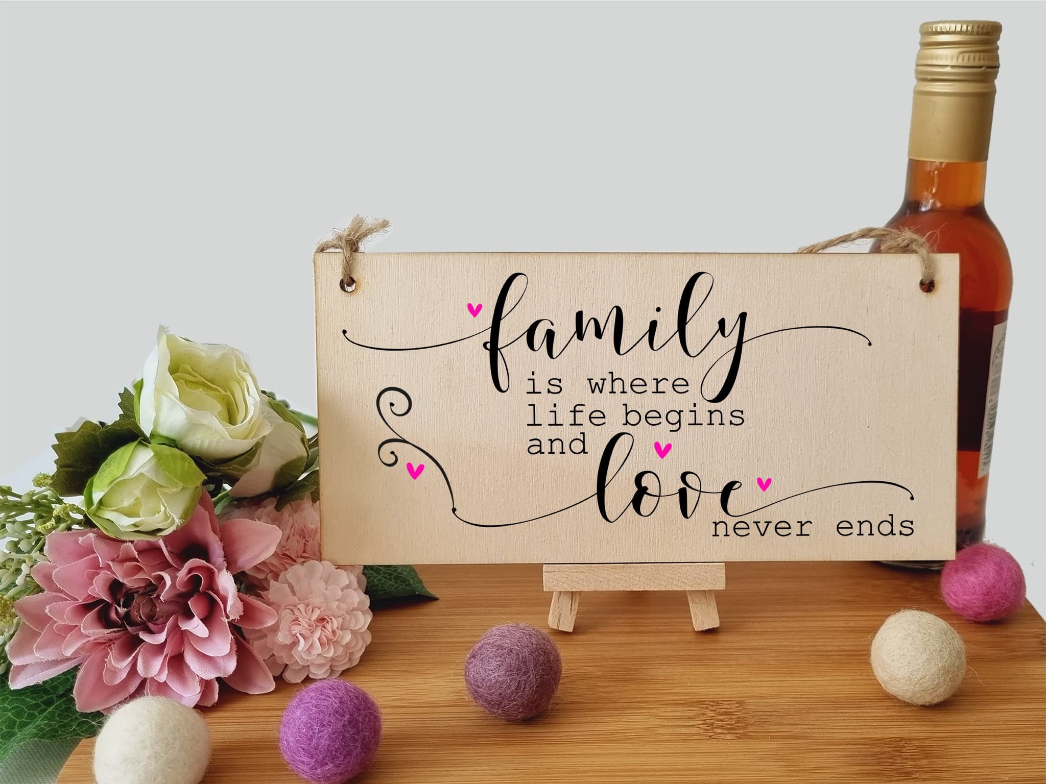 The Plum Penguin Handmade Wooden Hanging Wall Plaque Family Where Life Begins Love Never Ends Decorative Sentimental Sign Gift Family