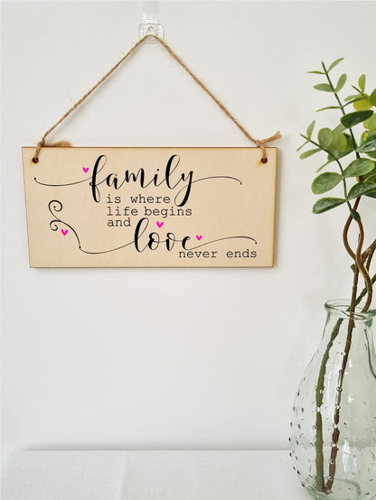 The Plum Penguin Handmade Wooden Hanging Wall Plaque Family Where Life Begins Love Never Ends Decorative Sentimental Sign Gift Family