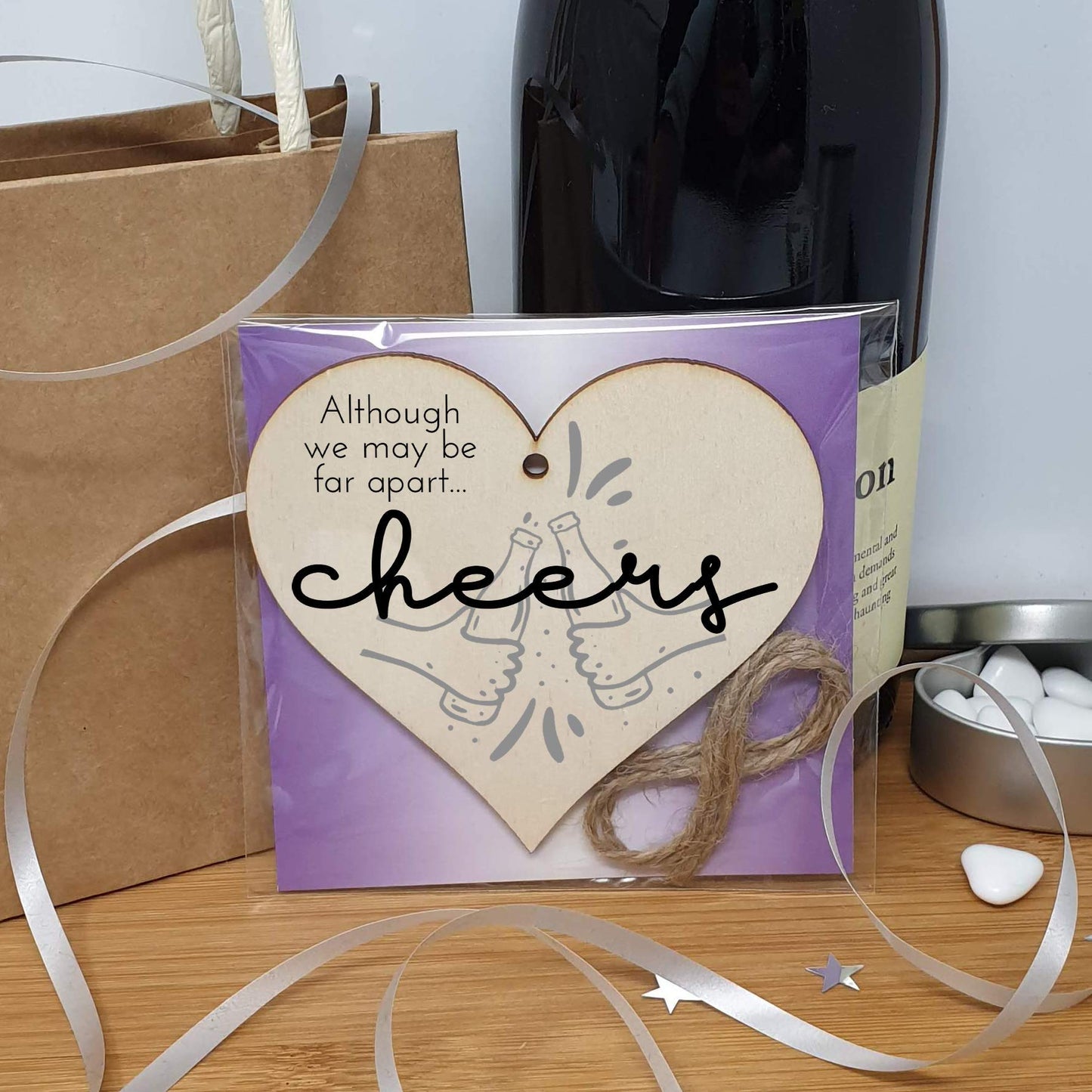 Handmade Wooden Hanging Heart Plaque Gift Although we may be far apart cheers novelty window wall hanger gift for absent friends and family funny keepsake sending well wishes and cheers