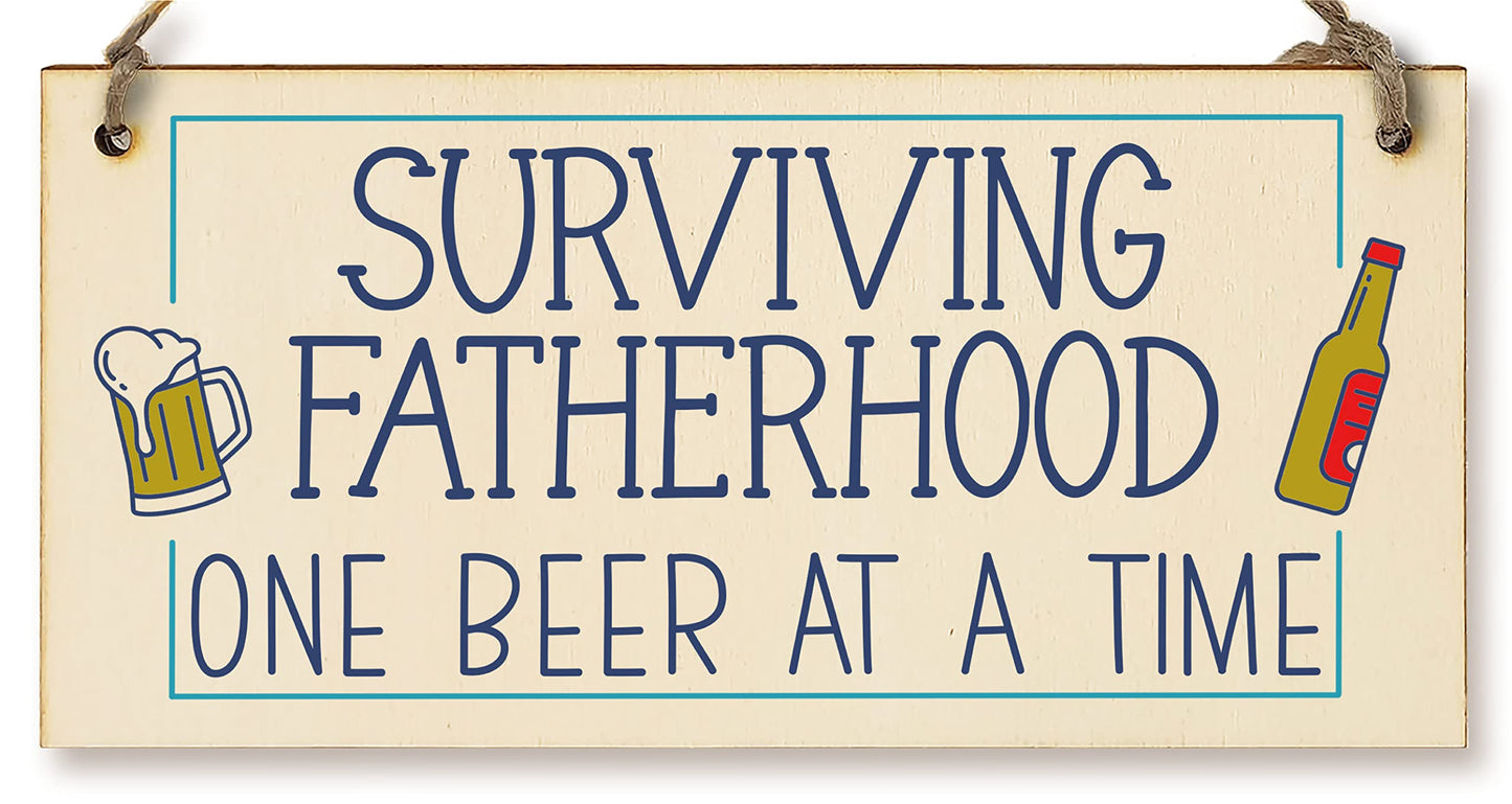 The Plum Penguin Handmade Wooden Hanging Wall Plaque Surviving Fatherhood One Beer at a Time Novelty Sign Man Cave