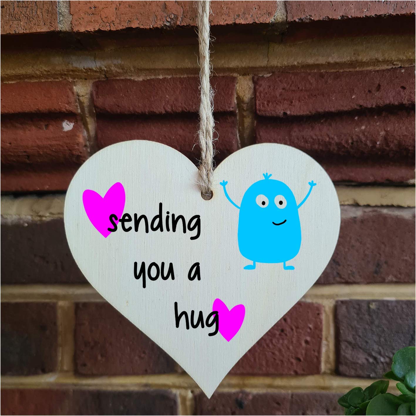 The Plum Penguin Handmade Wooden Hanging Heart Plaque Gift sending you a hug funny novelty wall hanger cute monster kids design for long distance family friends grandparents