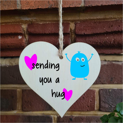 The Plum Penguin Handmade Wooden Hanging Heart Plaque Gift sending you a hug funny novelty wall hanger cute monster kids design for long distance family friends grandparents