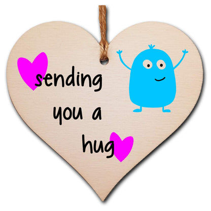 The Plum Penguin Handmade Wooden Hanging Heart Plaque Gift sending you a hug funny novelty wall hanger cute monster kids design for long distance family friends grandparents