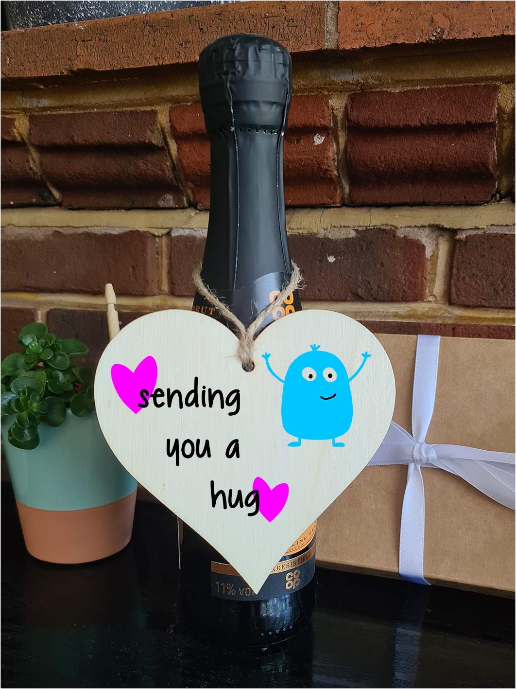 The Plum Penguin Handmade Wooden Hanging Heart Plaque Gift sending you a hug funny novelty wall hanger cute monster kids design for long distance family friends grandparents