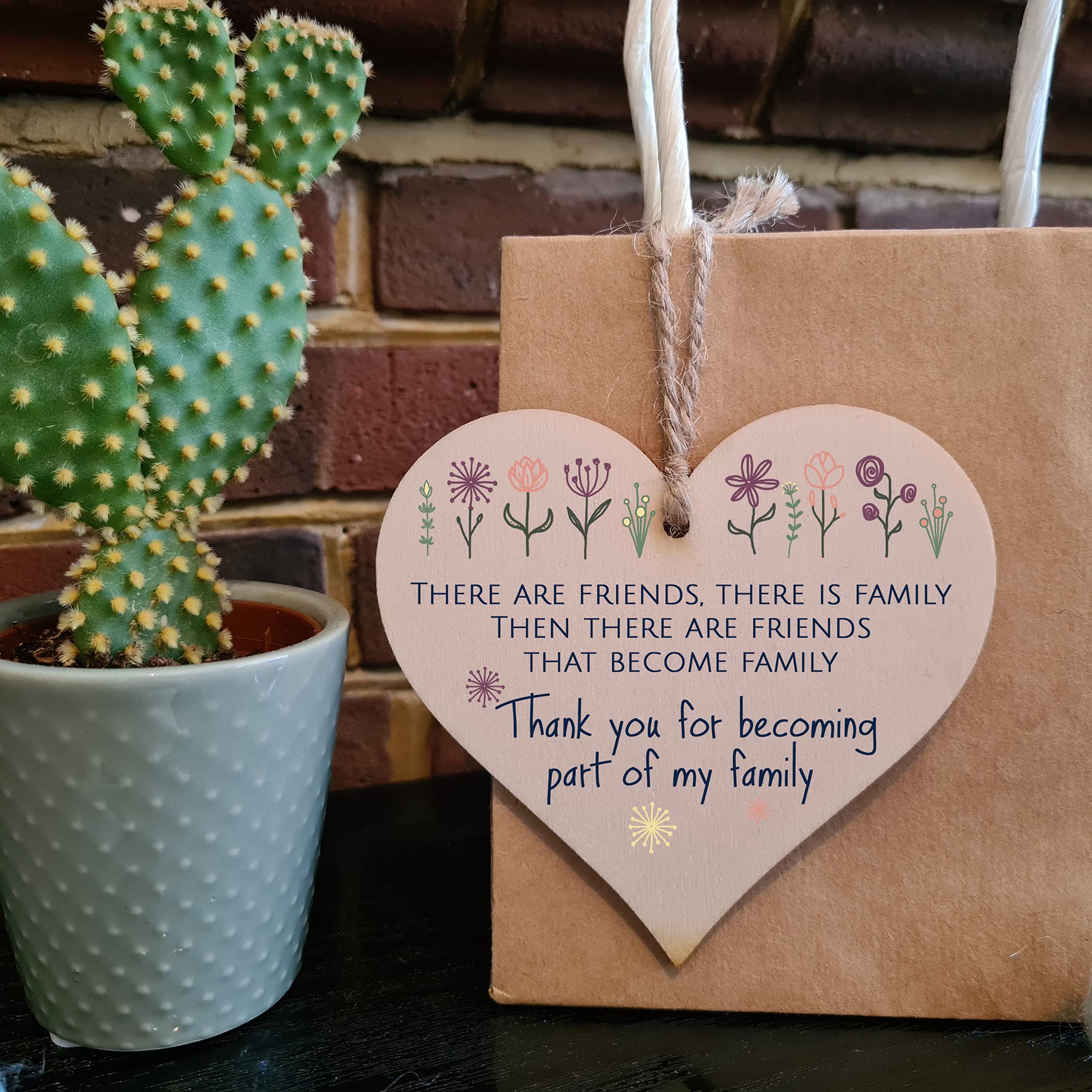 The Plum Penguin Handmade Wooden Hanging Heart Plaque Gift Friends Become Family Thank You Inspirational Wall Hanger Card Alternative Friendship Family