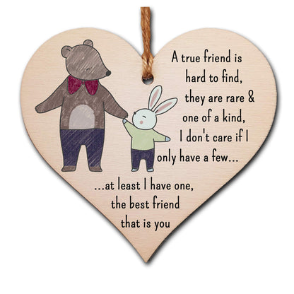 The Plum Penguin Handmade Wooden Hanging Heart Plaque Gift A true friend is hard to find best friend is you cute wall hanger card alternative for absent friends hand drawn design