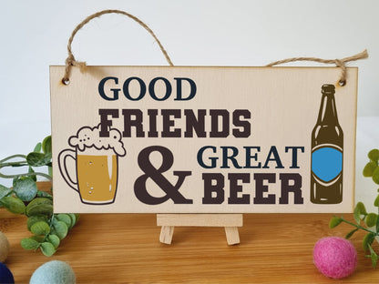 The Plum Penguin Good Friends Great Beer Funny Novelty Handmade Wooden Hanging Wall Plaque Gift Home Bar Man Cave Sign Decoration