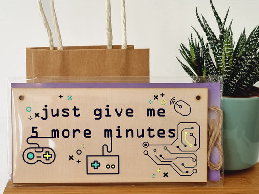 The Plum Penguin Handmade Wooden Hanging Wall Plaque Just 5 More Minutes Gamers Computer Game Fans Man Cave Sign