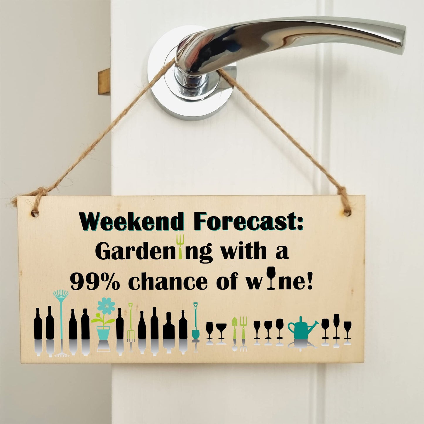 The Plum Penguin Handmade Wooden Hanging Wall Plaque Weekend Forecast Gardening and Wine Novelty Gift Sign for Gardeners