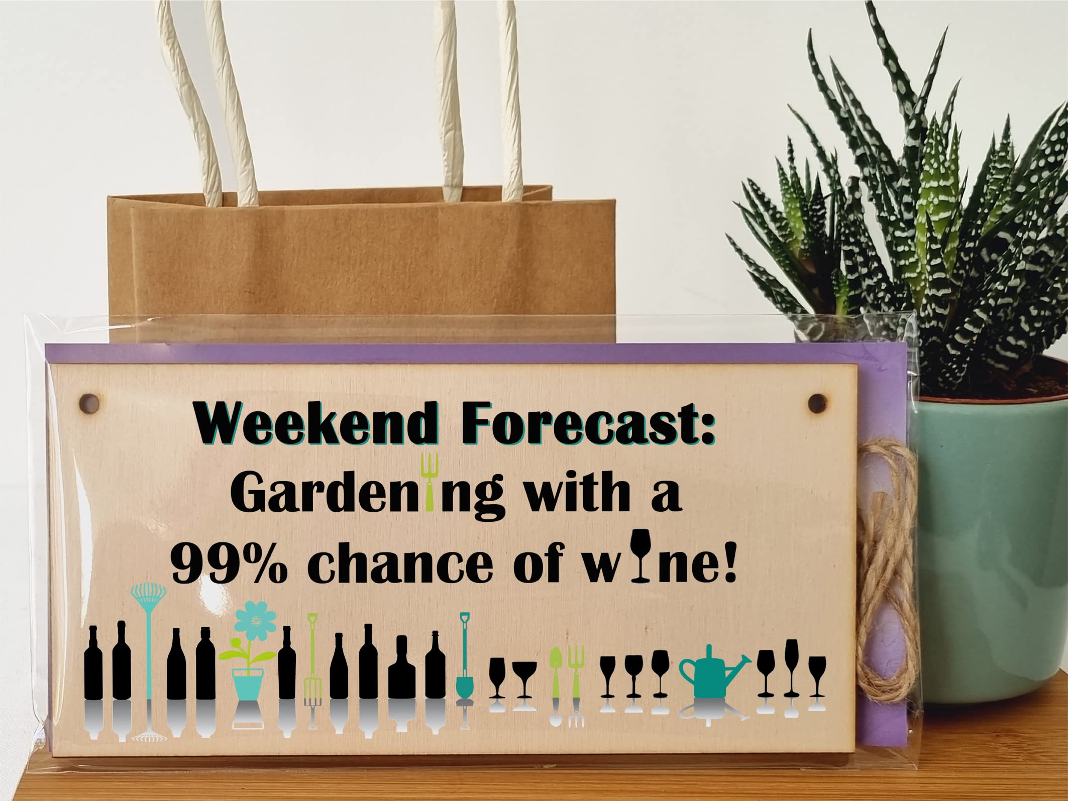 The Plum Penguin Handmade Wooden Hanging Wall Plaque Weekend Forecast Gardening and Wine Novelty Gift Sign for Gardeners
