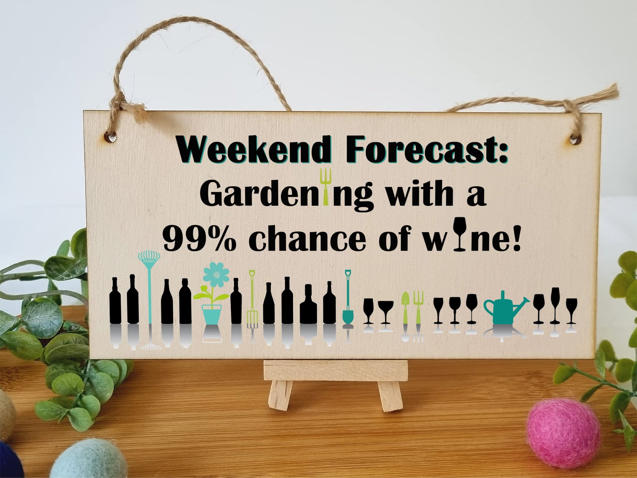 The Plum Penguin Handmade Wooden Hanging Wall Plaque Weekend Forecast Gardening and Wine Novelty Gift Sign for Gardeners