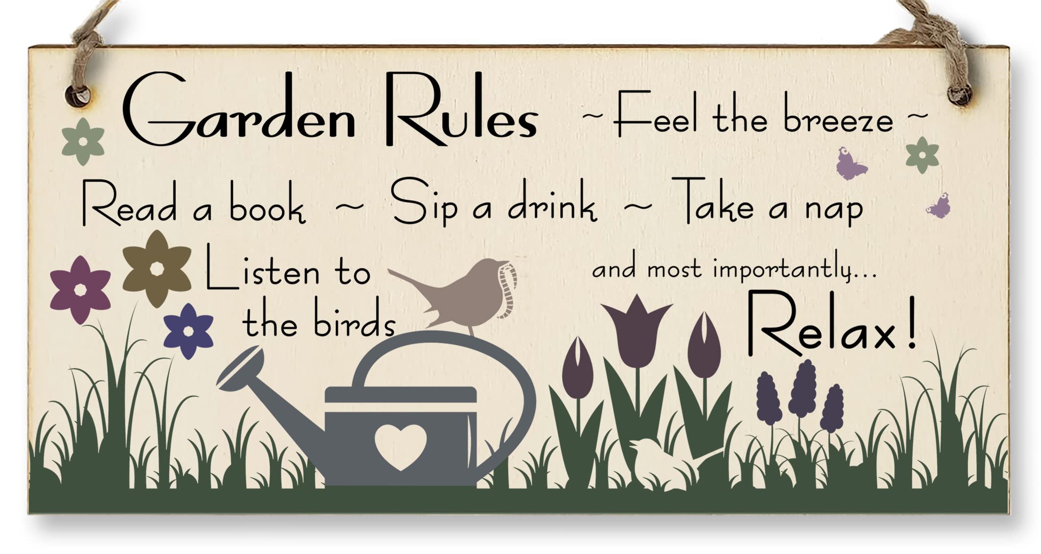 Handmade Wooden Hanging Wall Plaque Garden Rules Relax Feel the Breeze Take a Nap Pretty Sign for Gardeners