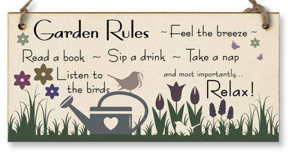 Handmade Wooden Hanging Wall Plaque Garden Rules Relax Feel the Breeze Take a Nap Pretty Sign for Gardeners