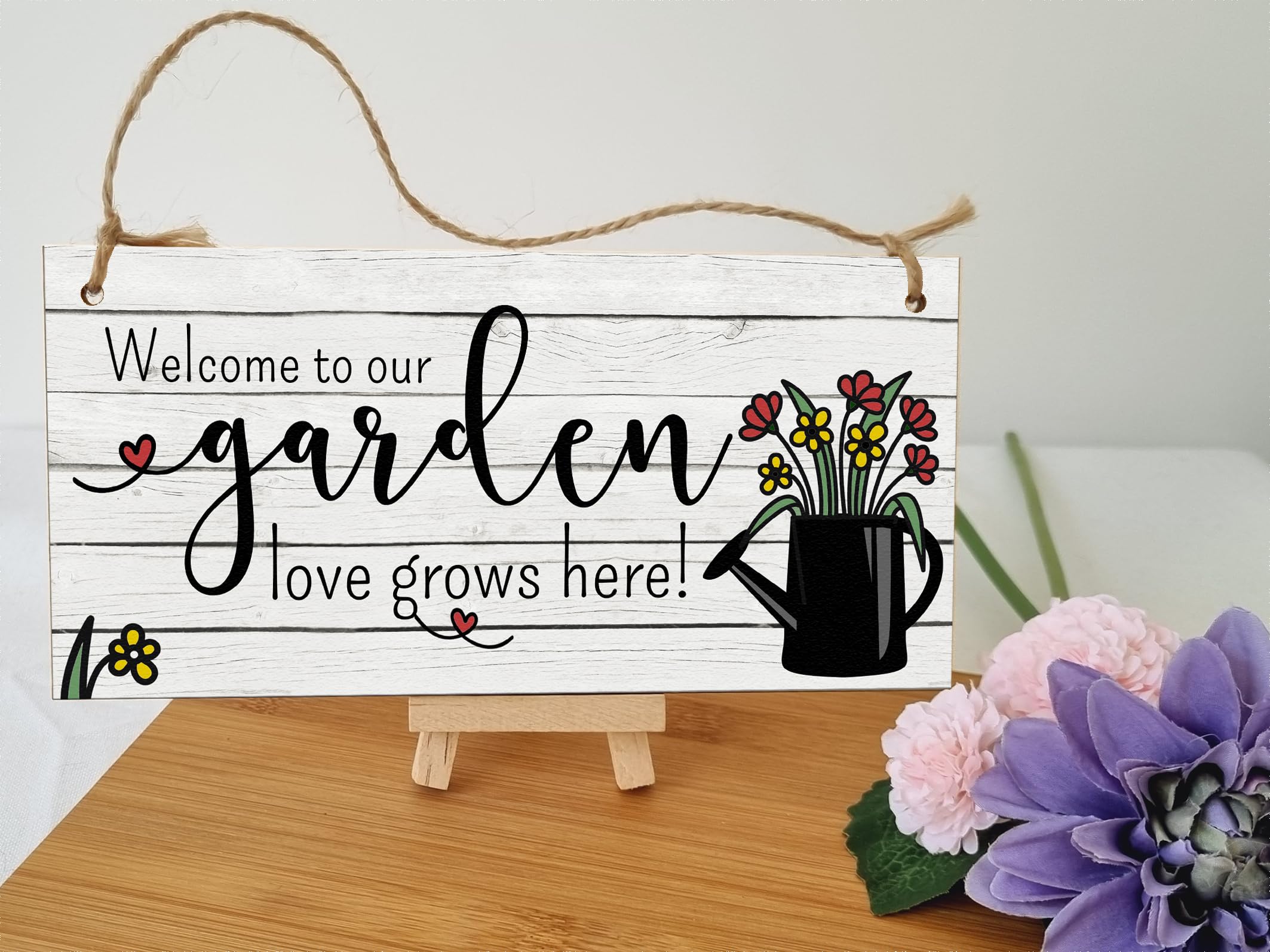 The Plum Penguin Welcome to Our Garden Love Grows Decorative Rustic Gift Handmade Wooden Plaque Home Décor Hanging Sign Family