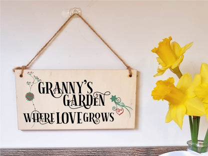 The Plum Penguin Handmade Wooden Hanging Wall Plaque Granny's Garden Where Love Grows Decorative Sign for Grandparents