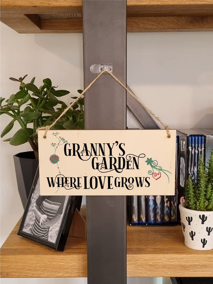 The Plum Penguin Handmade Wooden Hanging Wall Plaque Granny's Garden Where Love Grows Decorative Sign for Grandparents