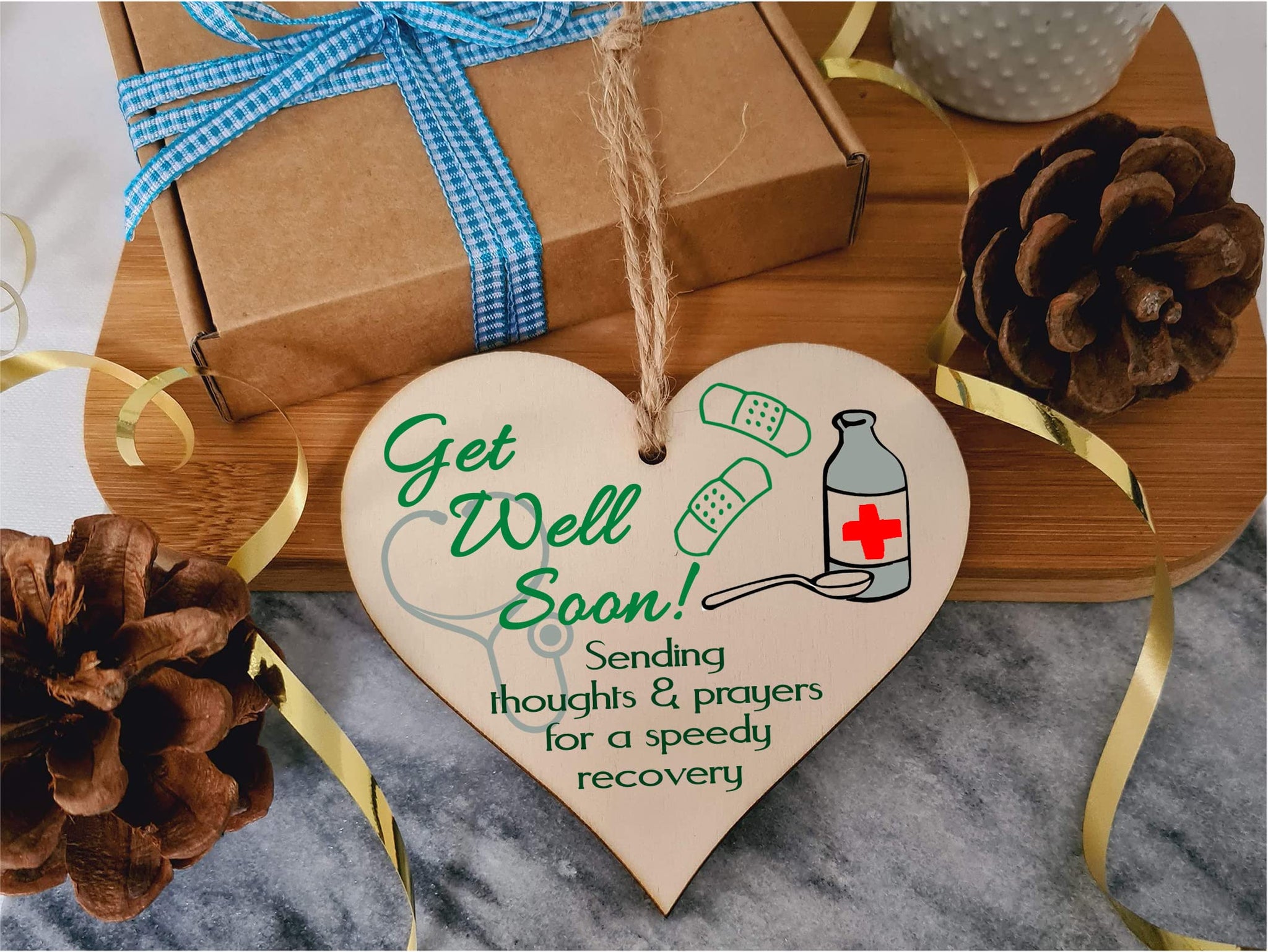 Handmade Wooden Hanging Heart Plaque Gift Get Well Soon Sympathy Keepsake Card Alternative