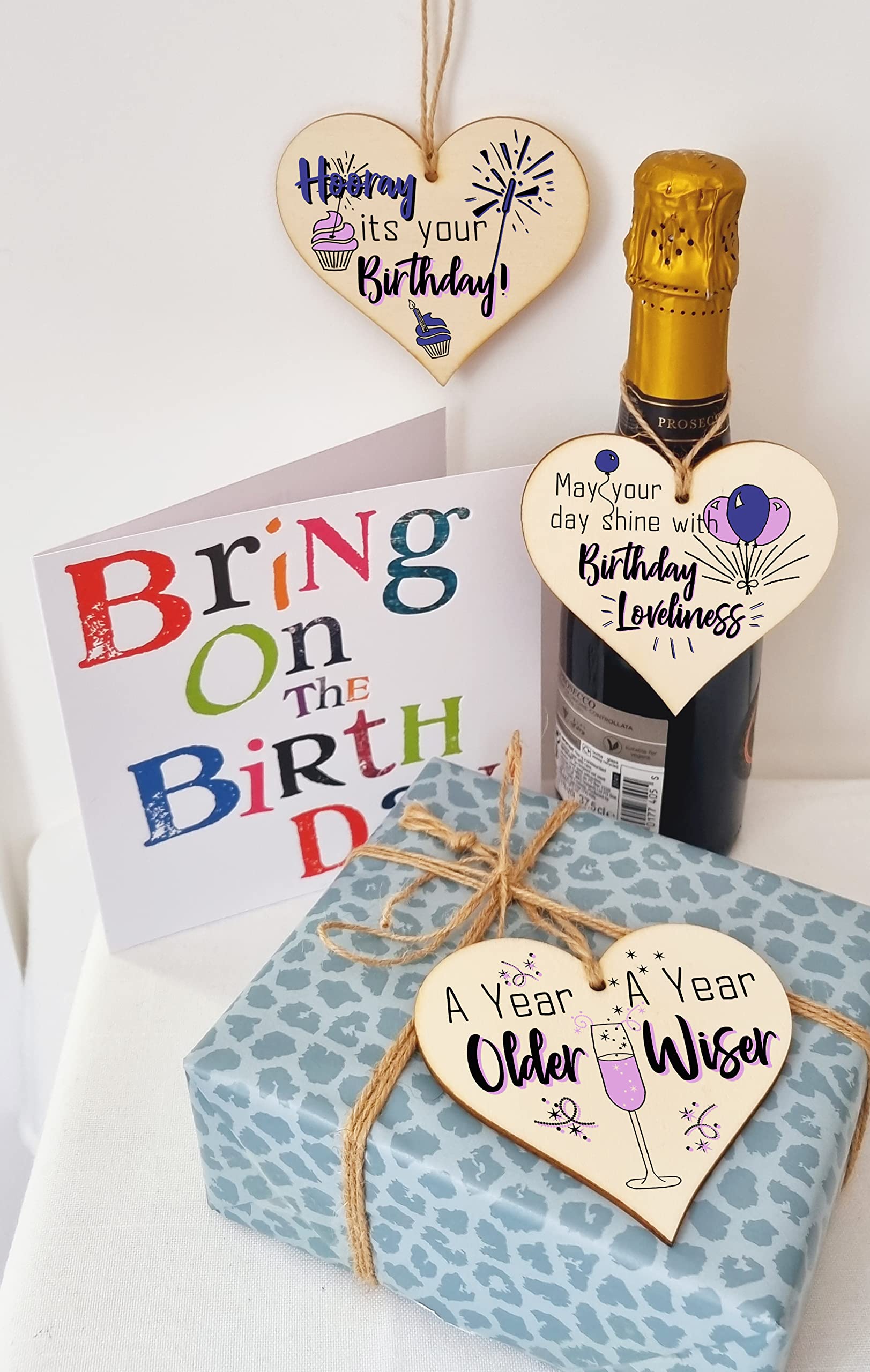Set of 3 Hanging Decorations Wooden Hearts Happy Birthday Card Alternative | Day Shine with Loveliness | A Year Older & Wiser