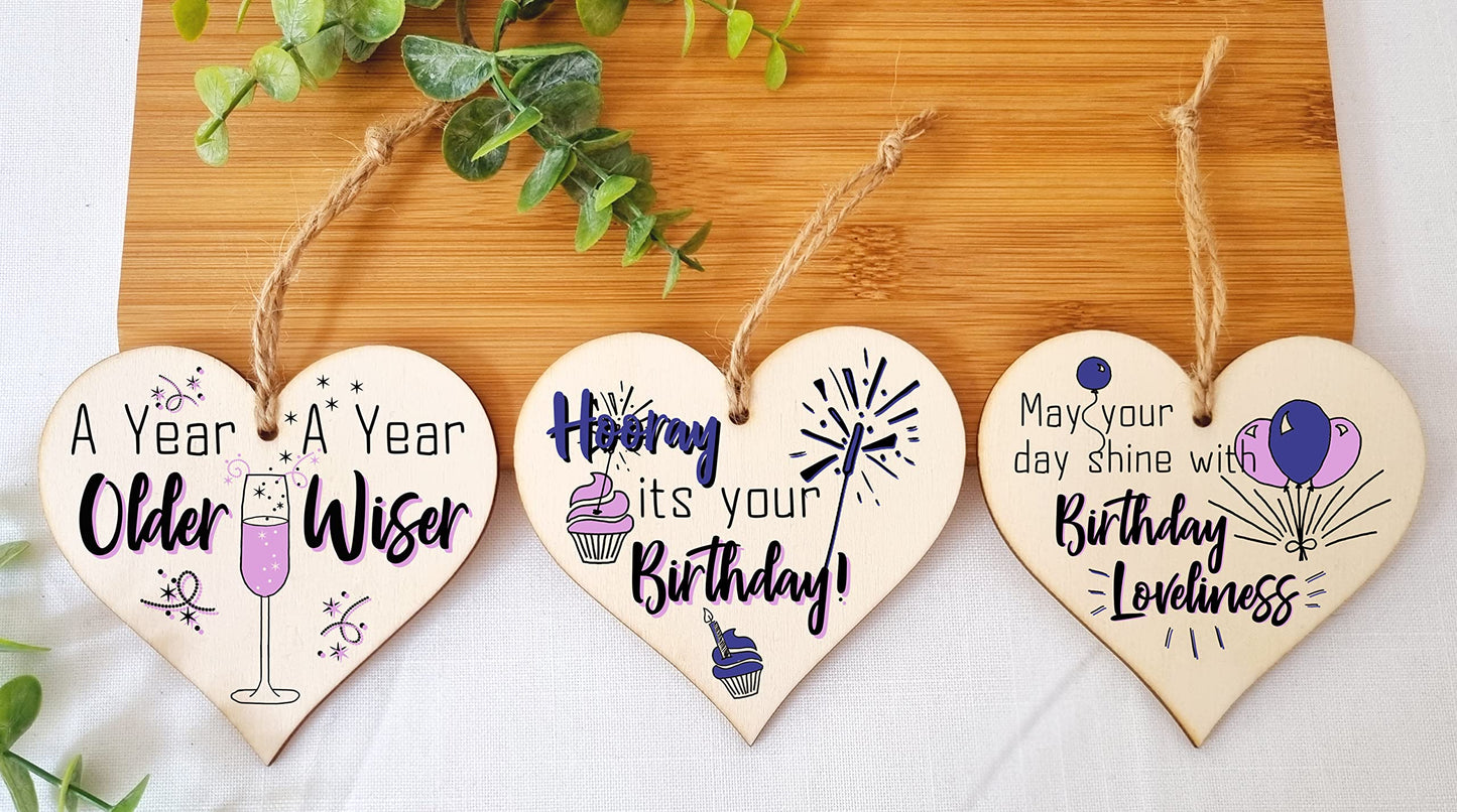 Set of 3 Hanging Decorations Wooden Hearts Happy Birthday Card Alternative | Day Shine with Loveliness | A Year Older & Wiser