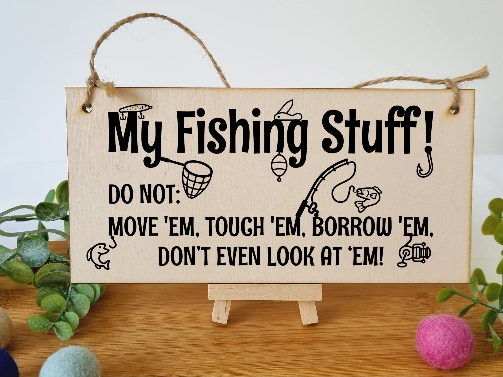 The Plum Penguin Handmade Wooden Hanging Wall Plaque My Fishing Stuff Don't Touch Funny Sign for Keen Anglers Shed Sign