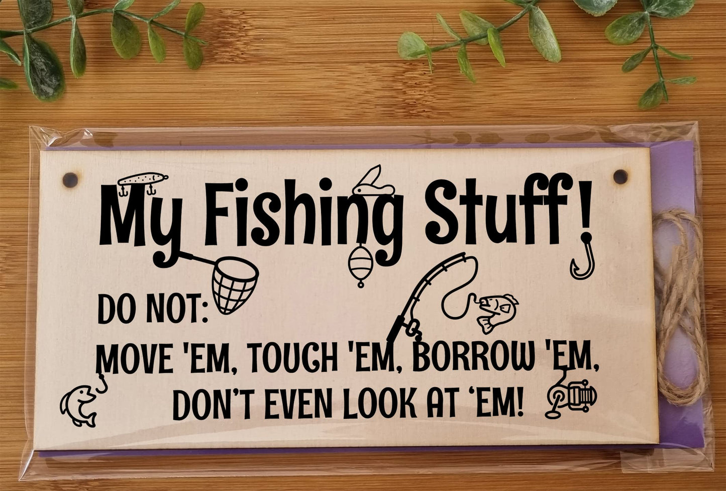 The Plum Penguin Handmade Wooden Hanging Wall Plaque My Fishing Stuff Don't Touch Funny Sign for Keen Anglers Shed Sign