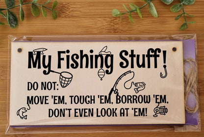 The Plum Penguin Handmade Wooden Hanging Wall Plaque My Fishing Stuff Don't Touch Funny Sign for Keen Anglers Shed Sign