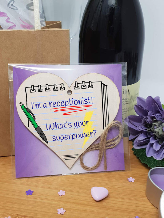 The Plum Penguin Handmade Wooden Hanging Heart Plaque Gift I'm a Receptionist What's Your Superpower Fun inspirational present card alternative desk decoration