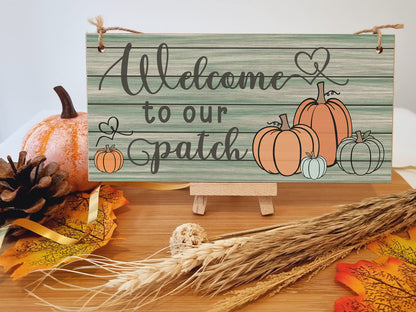 Welcome to our Patch Seasonal Rustic Decorative Pumpkin Sign Handmade Wooden Hanging Wall Plaque Gift Hallway Home Décor