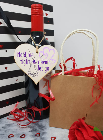 Handmade Wooden Hanging Heart Plaque Valentine's Gift Hold Me Tight and Never Let Go holding hands gift for someone special boyfriend girlfriend husband wife funny romantic keepsake