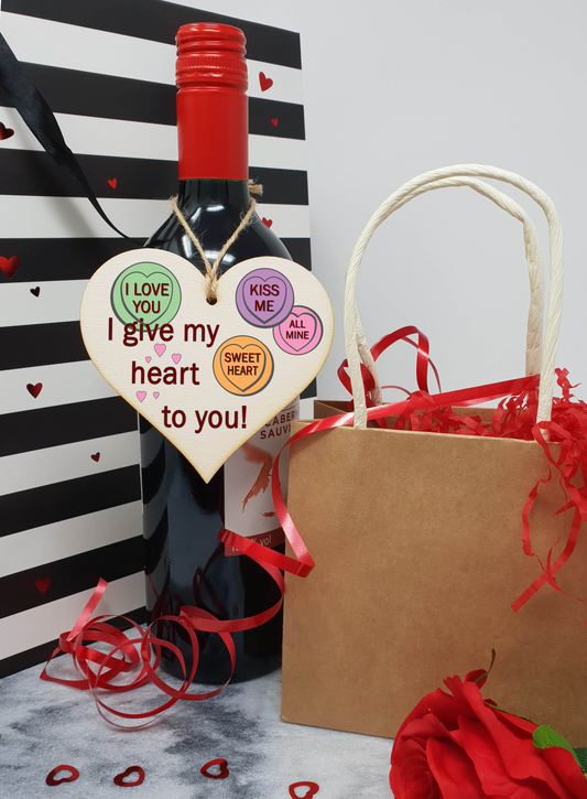 Handmade Wooden Hanging Heart Plaque Valentine's Gift I Give My Heart To You Love Hearts sweets novelty gift for someone special boyfriend girlfriend husband wife funny romantic keepsake