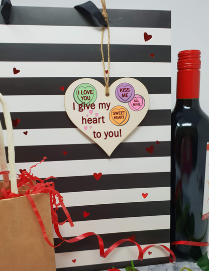 Handmade Wooden Hanging Heart Plaque Valentine's Gift I Give My Heart To You Love Hearts sweets novelty gift for someone special boyfriend girlfriend husband wife funny romantic keepsake