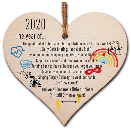 Handmade Wooden Hanging Heart Plaque Christmas Tree Bauble 2020 Year of Lockdown Funny Celebration Wall Hanger Decoration Family Friends