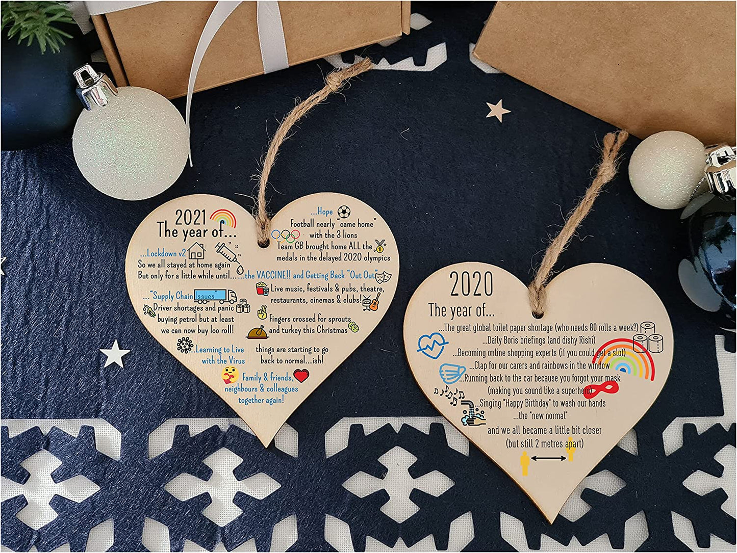 Pack of 2 Handmade Wooden Hanging Heart Plaques 2020 2021 Year of Hope Lockdown Funny Celebration Wall Hanger Keepsake Decoration for Family Friends