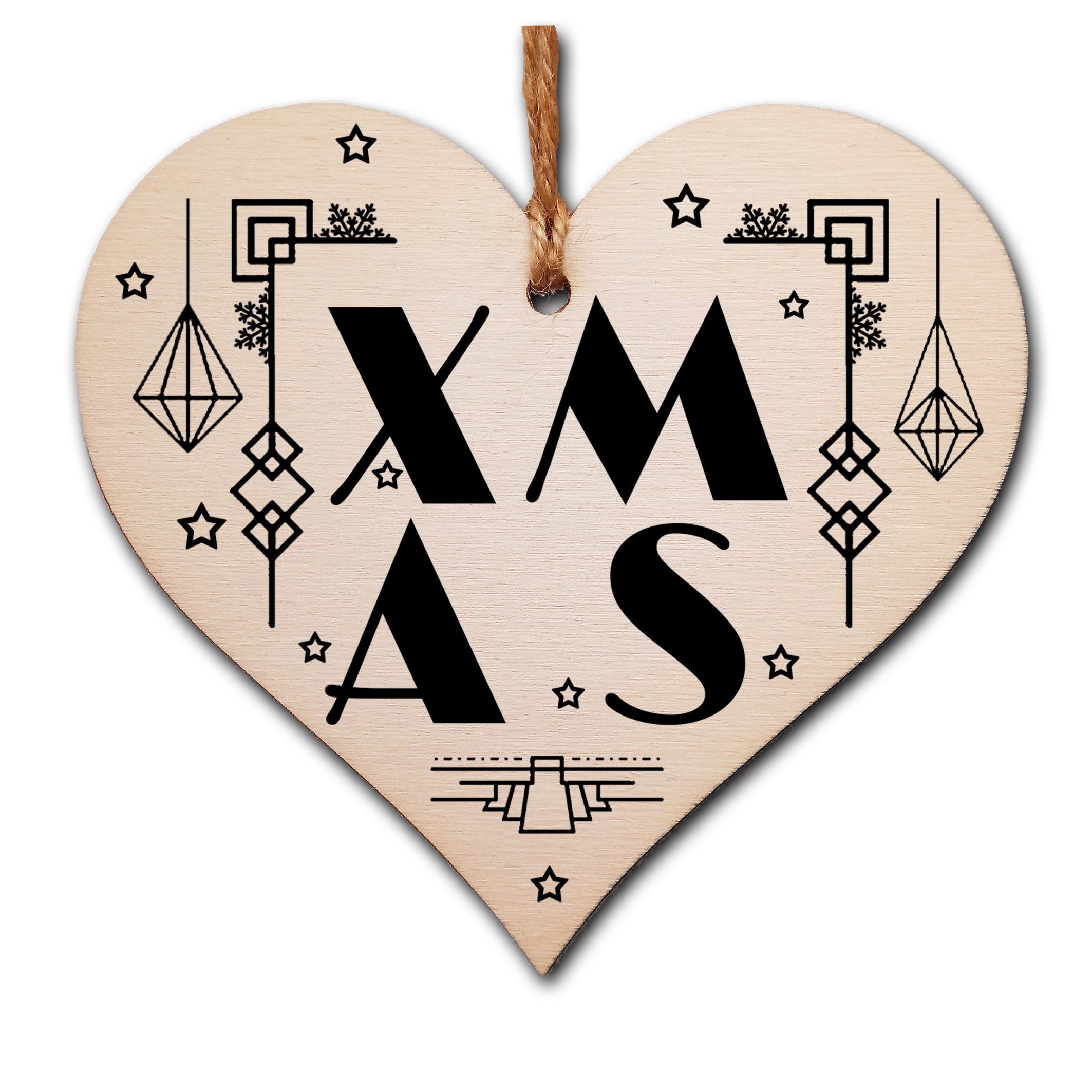 Handmade Christmas Hanging Wooden Heart Plaque Decoration Gift XMAS Art Deco style bauble to hang on the Xmas tree or as a gift tag