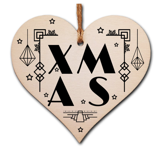Handmade Christmas Hanging Wooden Heart Plaque Decoration Gift XMAS Art Deco style bauble to hang on the Xmas tree or as a gift tag