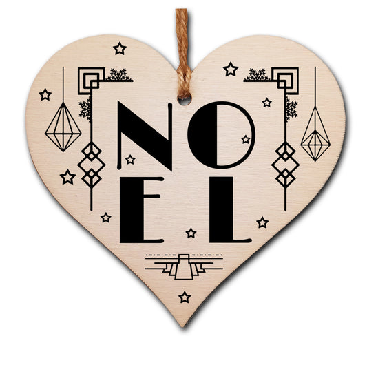 Handmade Christmas Hanging Wooden Heart Plaque Decoration Gift NOEL Art Deco style bauble to hang on the Xmas tree or as a gift tag
