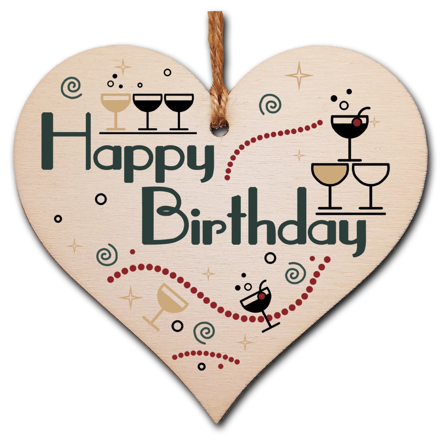 Happy Birthday Art Deco Chic Style Champagne Party Hanging Heart Wooden Decoration Gift Card Alternative