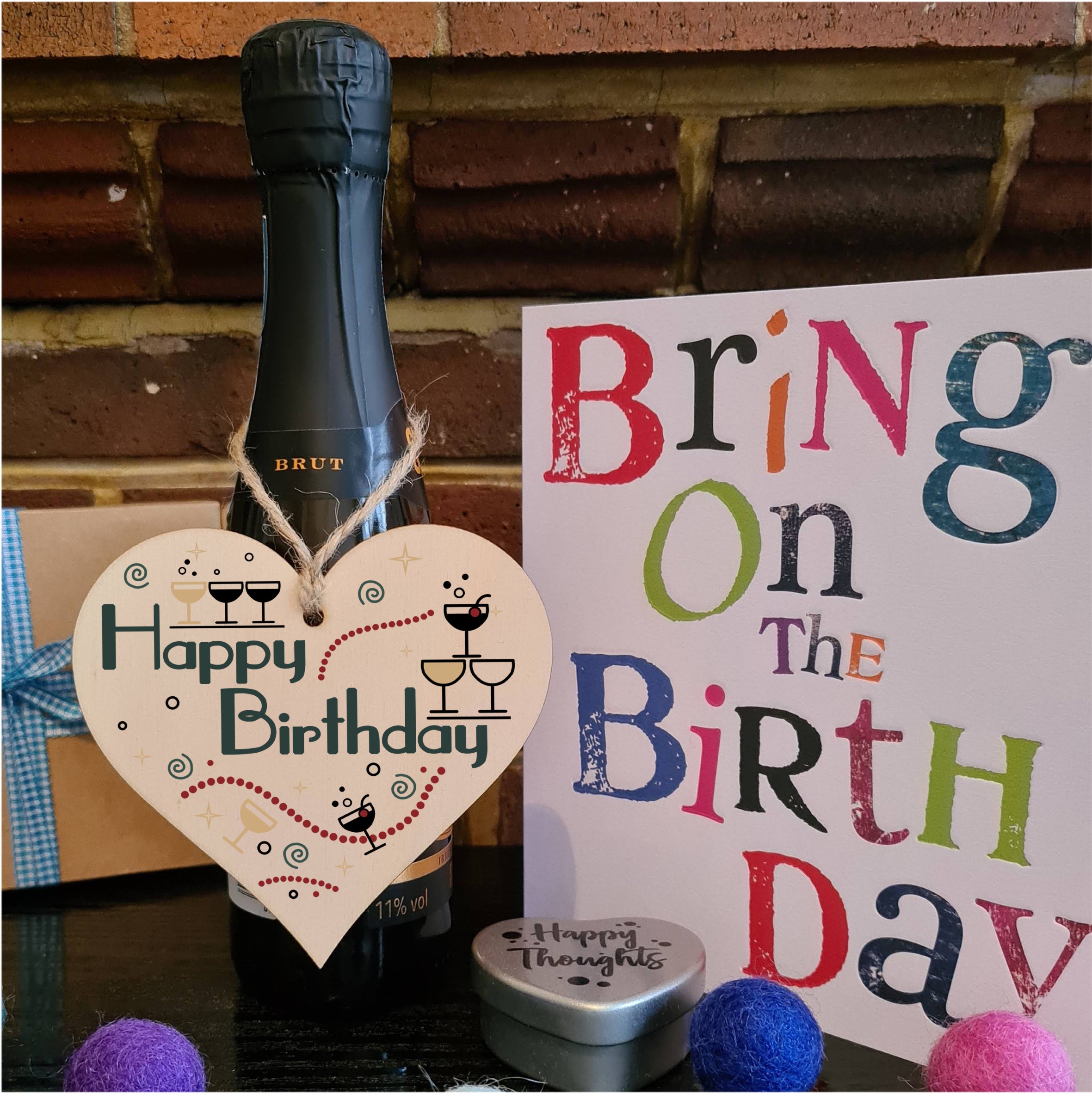 Happy Birthday Art Deco Chic Style Champagne Party Hanging Heart Wooden Decoration Gift Card Alternative