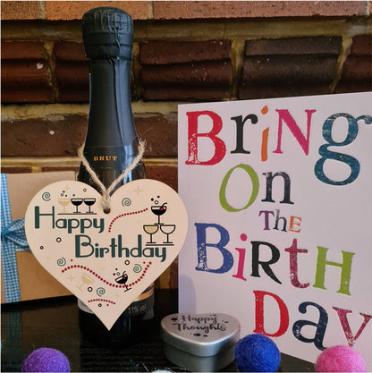 Happy Birthday Art Deco Chic Style Champagne Party Hanging Heart Wooden Decoration Gift Card Alternative