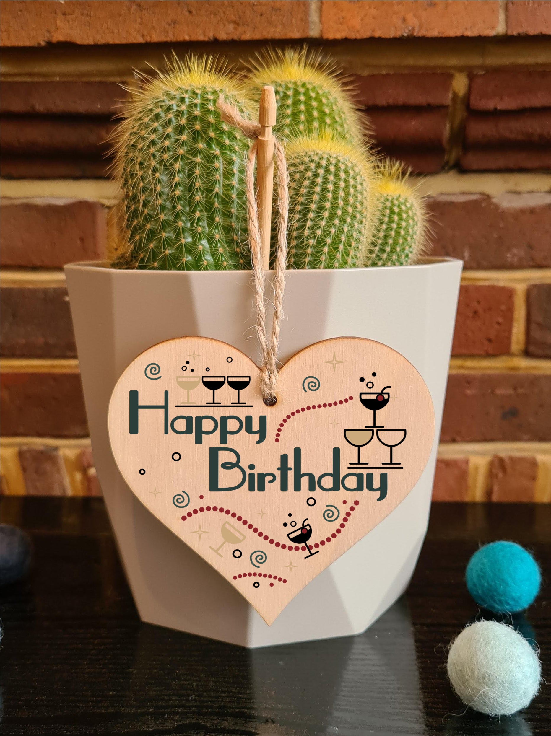Happy Birthday Art Deco Chic Style Champagne Party Hanging Heart Wooden Decoration Gift Card Alternative