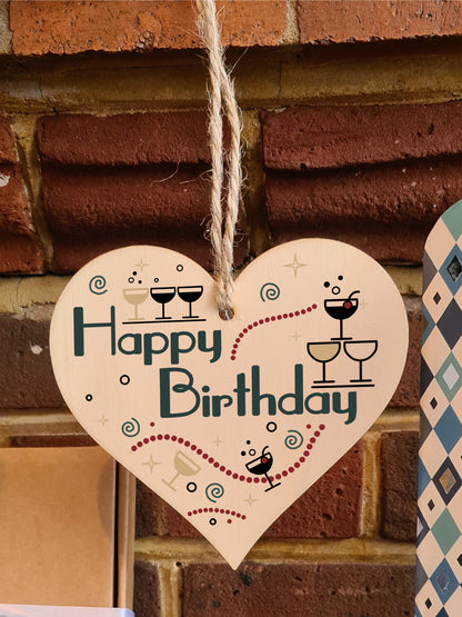 Happy Birthday Art Deco Chic Style Champagne Party Hanging Heart Wooden Decoration Gift Card Alternative