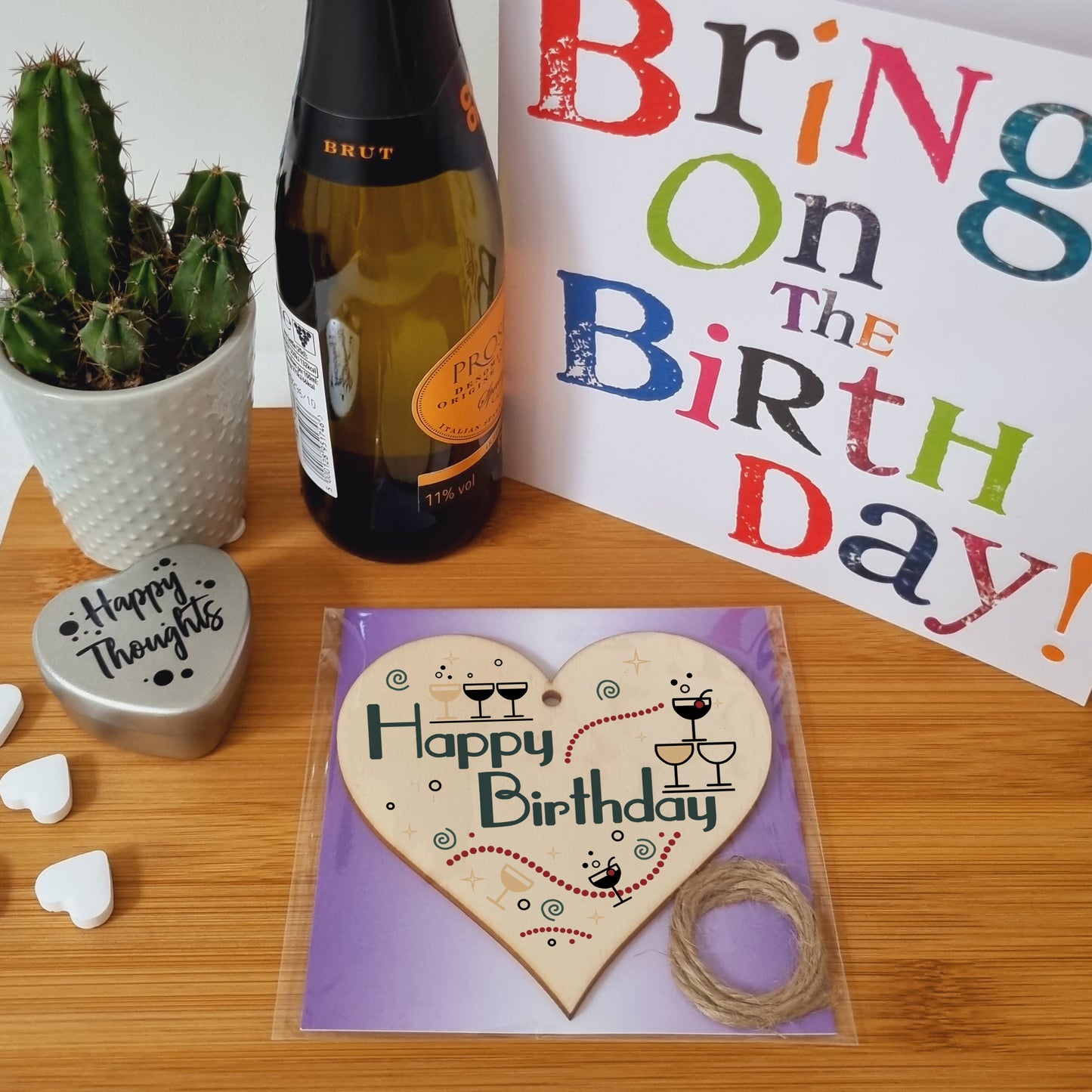 Happy Birthday Art Deco Chic Style Champagne Party Hanging Heart Wooden Decoration Gift Card Alternative