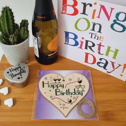 Happy Birthday Art Deco Chic Style Champagne Party Hanging Heart Wooden Decoration Gift Card Alternative